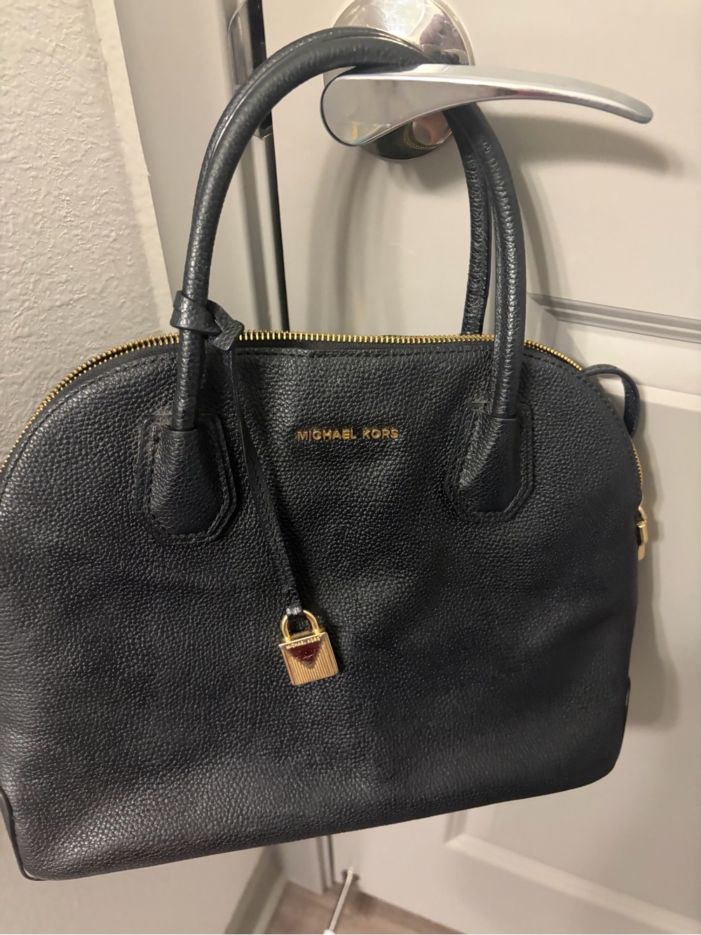 Michael Kors Black Leather Satchel with Gold Hardware